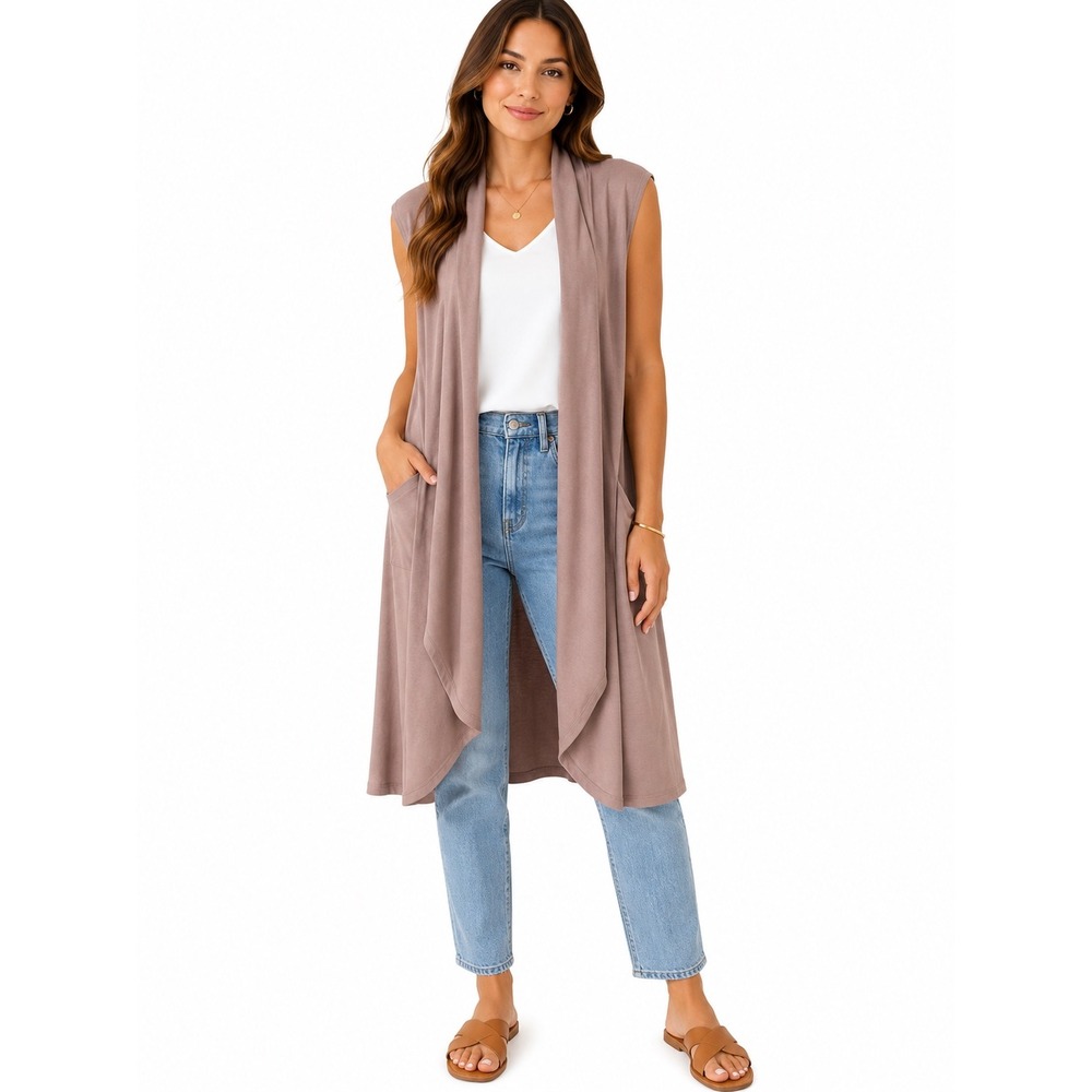 Olivia Blu Womens Sleeveless Duster Vest Taupe Mauve Open Front Pockets 20693HSL